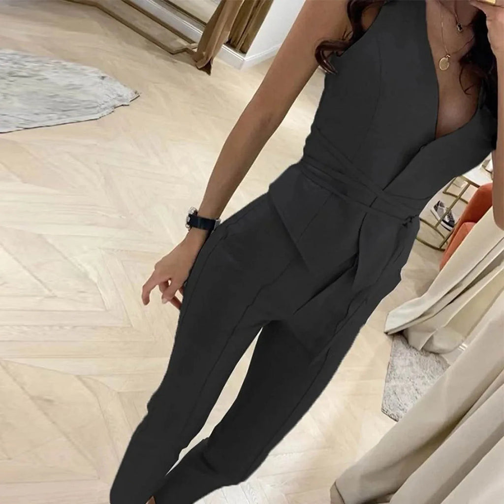 2-Piece Pantsuit Set - V-Neck Top and Trousers