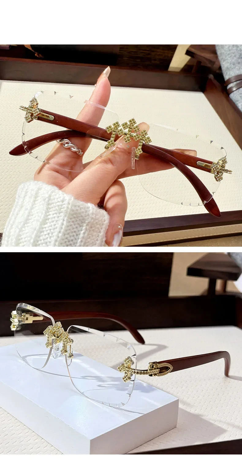 Vintage Rimless Square Cutting Lens Women Men Luxury Brand Designer Sunglasses Popular Punk Diamond Cross Sun Glasses UV400