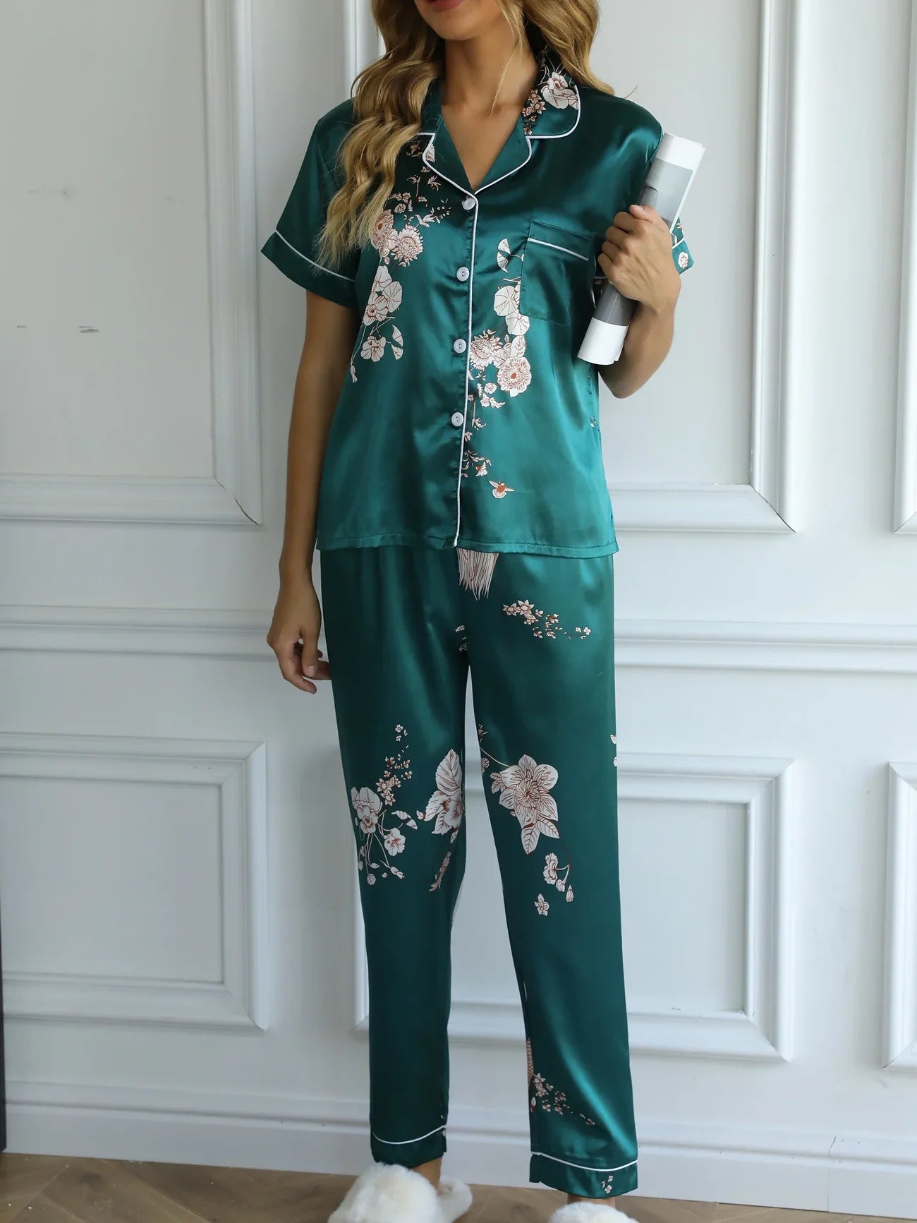 Green Floral Satin Pajamas - Smooth & Comfortable Short Sleeve Women's Loungewear