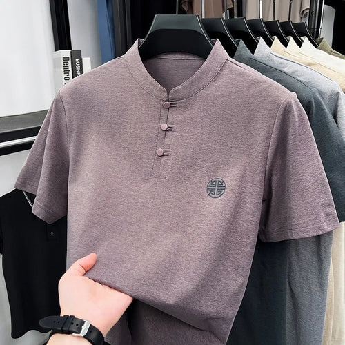 Mens Big And Tall Stand Collar Henley Shirt Short Sleeve Loose Fit