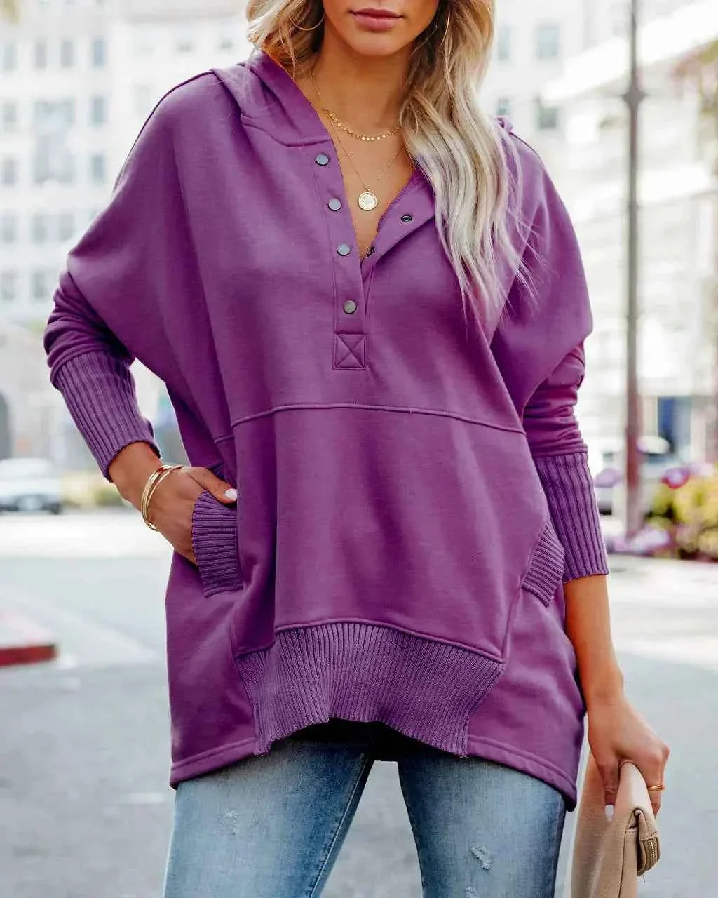 White Hooded Women's Sweatshirt - Casual Batwing Sleeve Pullover