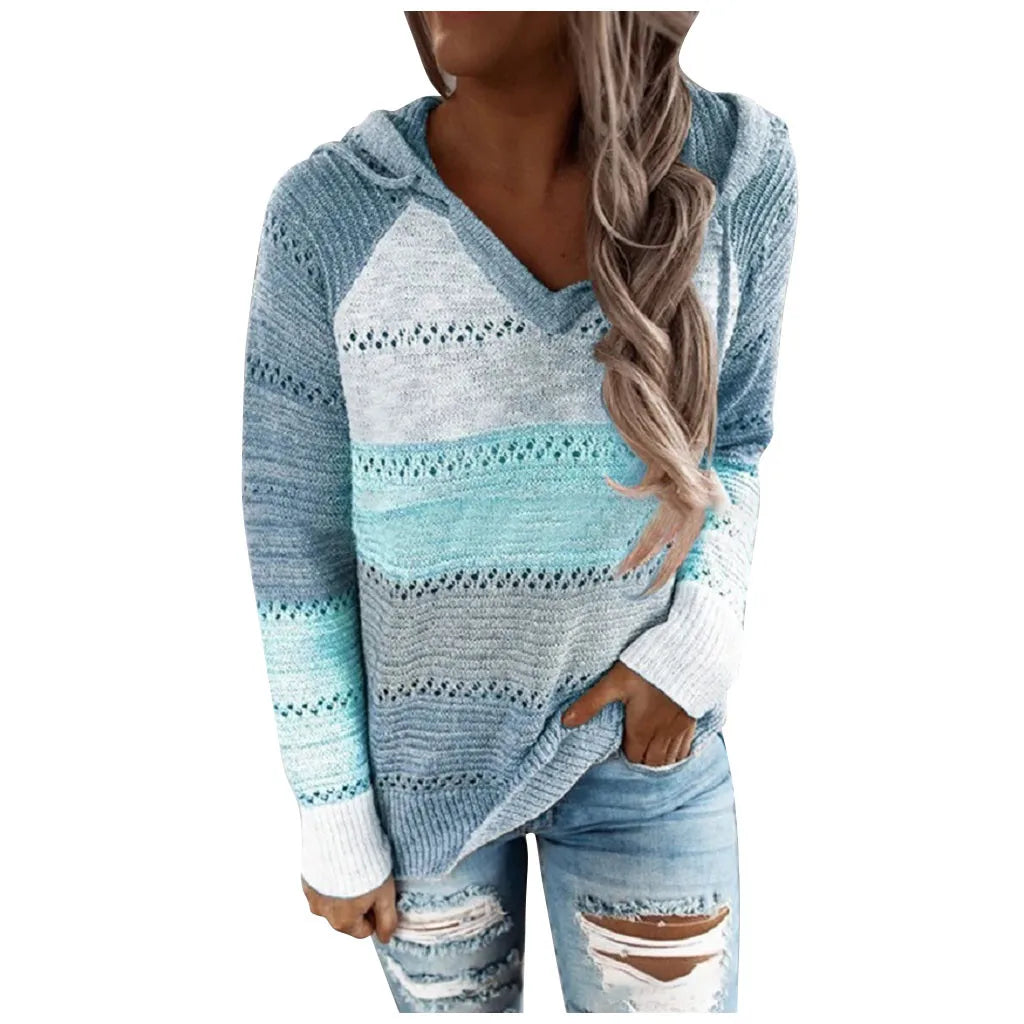 Plus Size Patchwork Hooded Sweater - Knit Pullover