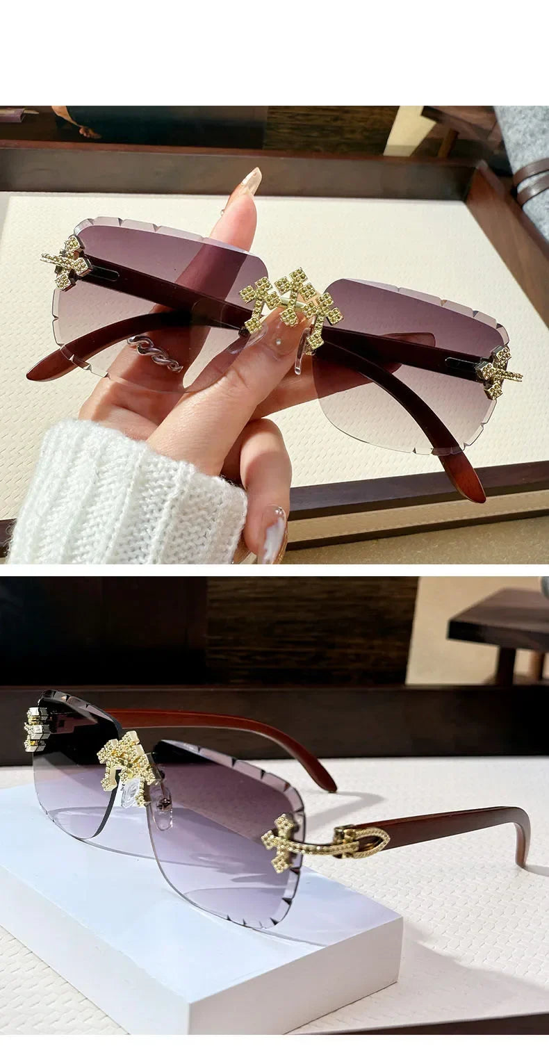 Vintage Rimless Square Cutting Lens Women Men Luxury Brand Designer Sunglasses Popular Punk Diamond Cross Sun Glasses UV400