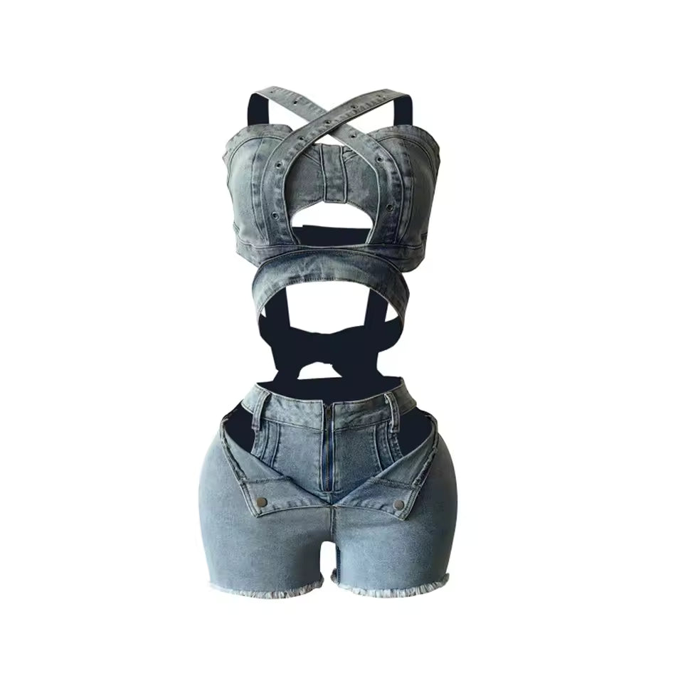 Crossover Cutout Denim Set