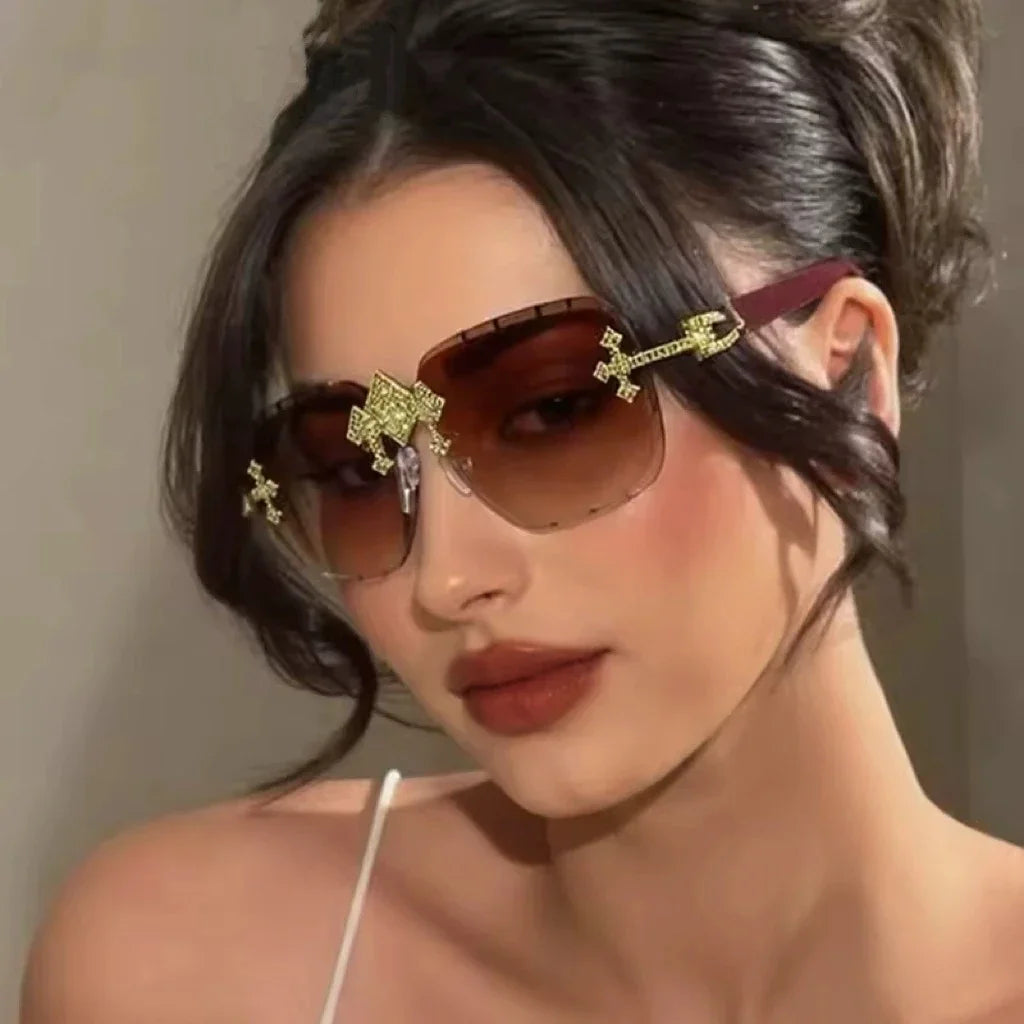 Vintage Rimless Square Cutting Lens Women Men Luxury Brand Designer Sunglasses Popular Punk Diamond Cross Sun Glasses UV400