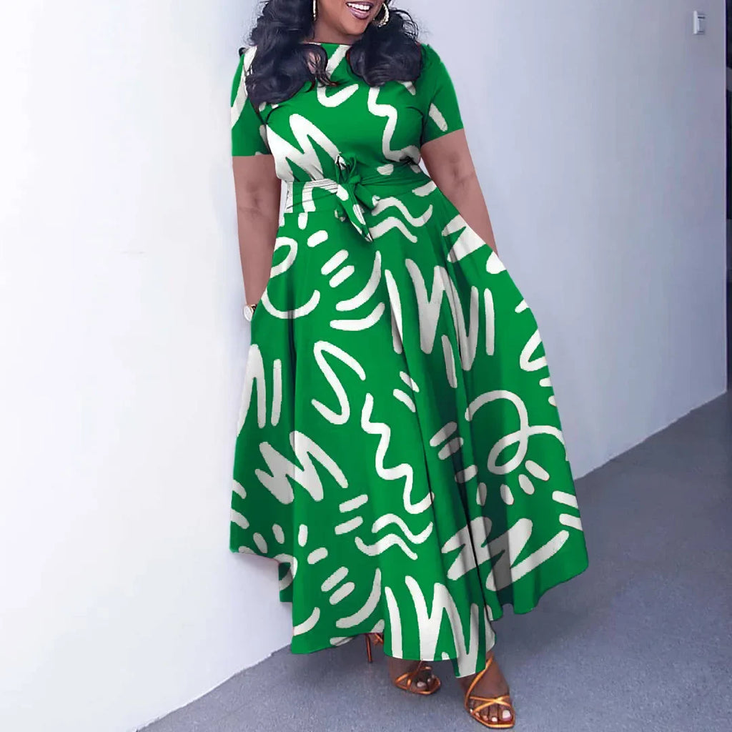 Printed Belted Dress Elegant  Knee-Length Round Neck Short Sleeve Dress