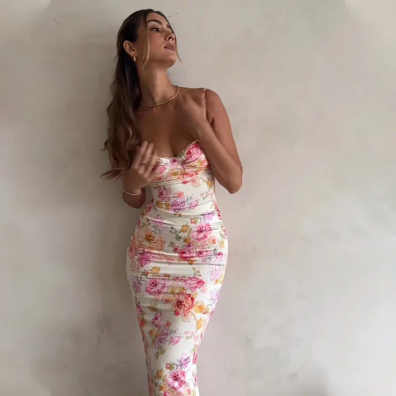 Summer Floral Suspender Split Slim Sleeveless Party Beach Style Spaghetti Strap Dress