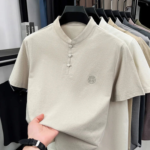 Mens Big And Tall Stand Collar Henley Shirt Short Sleeve Loose Fit
