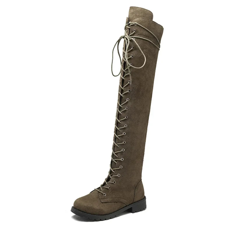 Sexy Lace Up Over The Knee Boots Women 2024 Autumn Winter Flat Heels