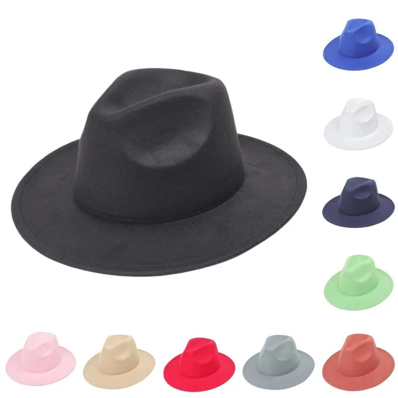 Men Women Vintage Fedora Hat British Style Wool Blend Wide Brim Sun