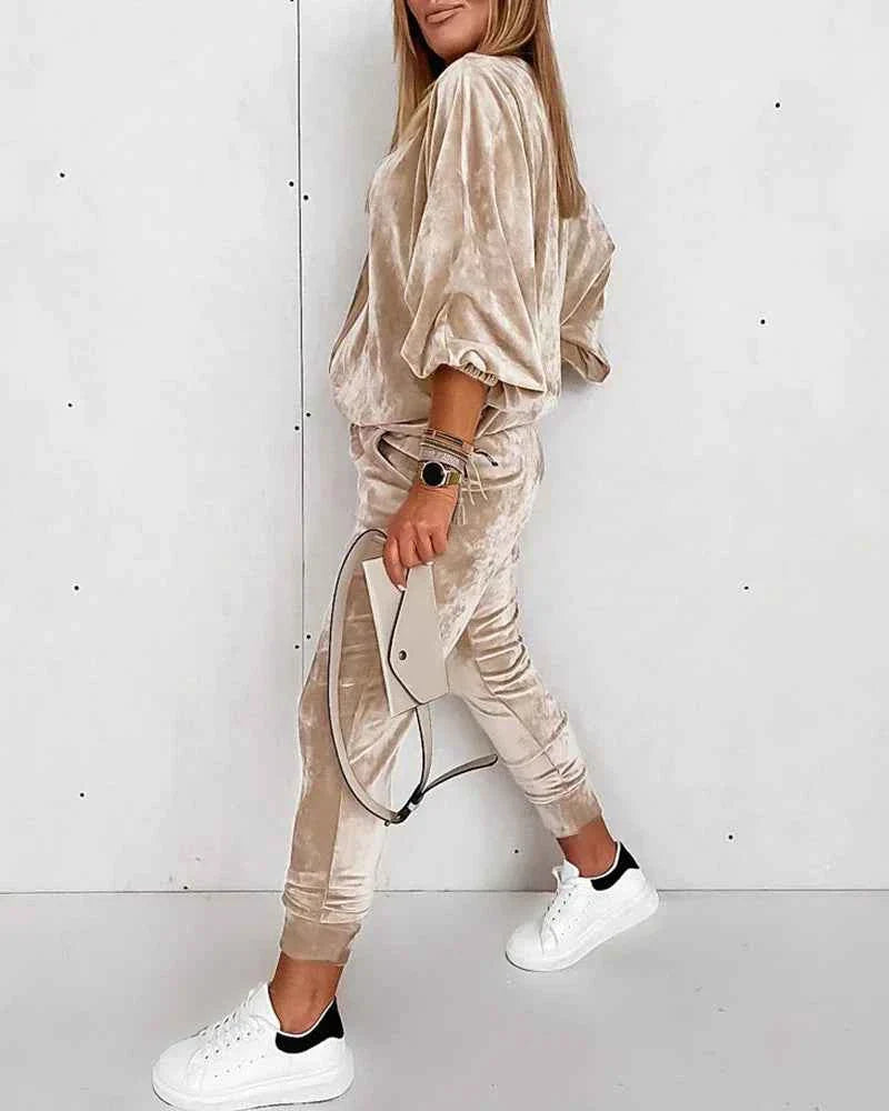 Golden Velvet Jogger Set - Long-sleeved Zipper Casual 2 Piece Loungewear
