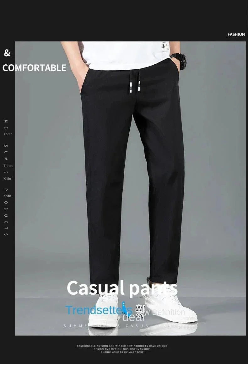Ice Silk Men's Pants 2025 Summer New Black Gray Thin Business Casual Pants Outdoor Elastic Breathable Straight Leg Sweatpants