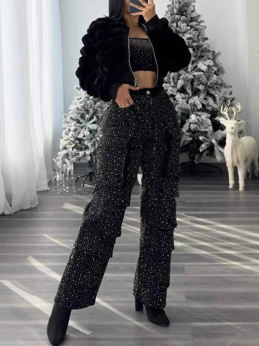 High Waist Rhinestone Jeans - Black Straight Leg