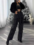 High Waist Rhinestone Jeans - Black Straight Leg