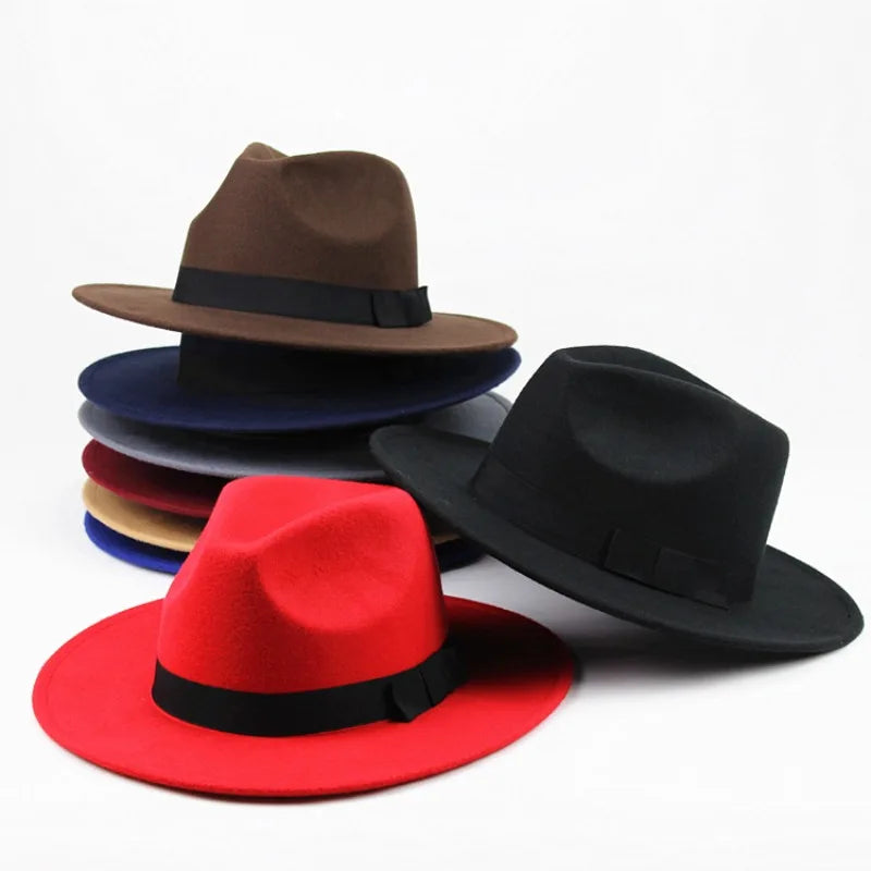 Men Women Vintage Fedora Hat British Style Wool Blend Wide Brim Sun