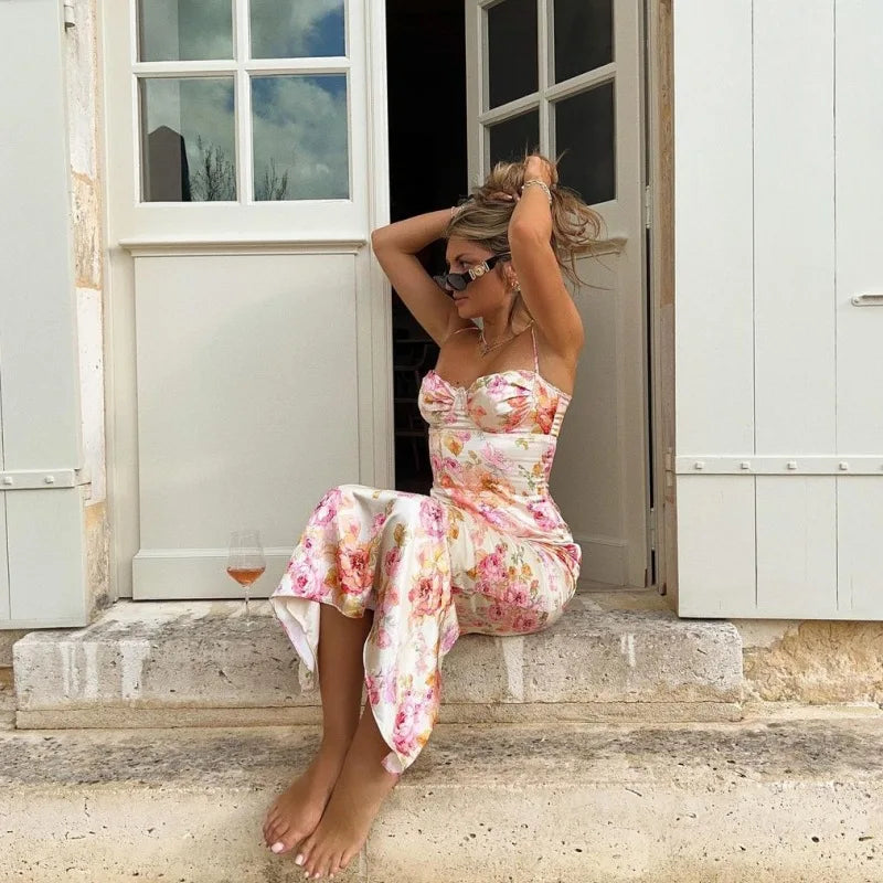 Summer Floral Suspender Split Slim Sleeveless Party Beach Style Spaghetti Strap Dress