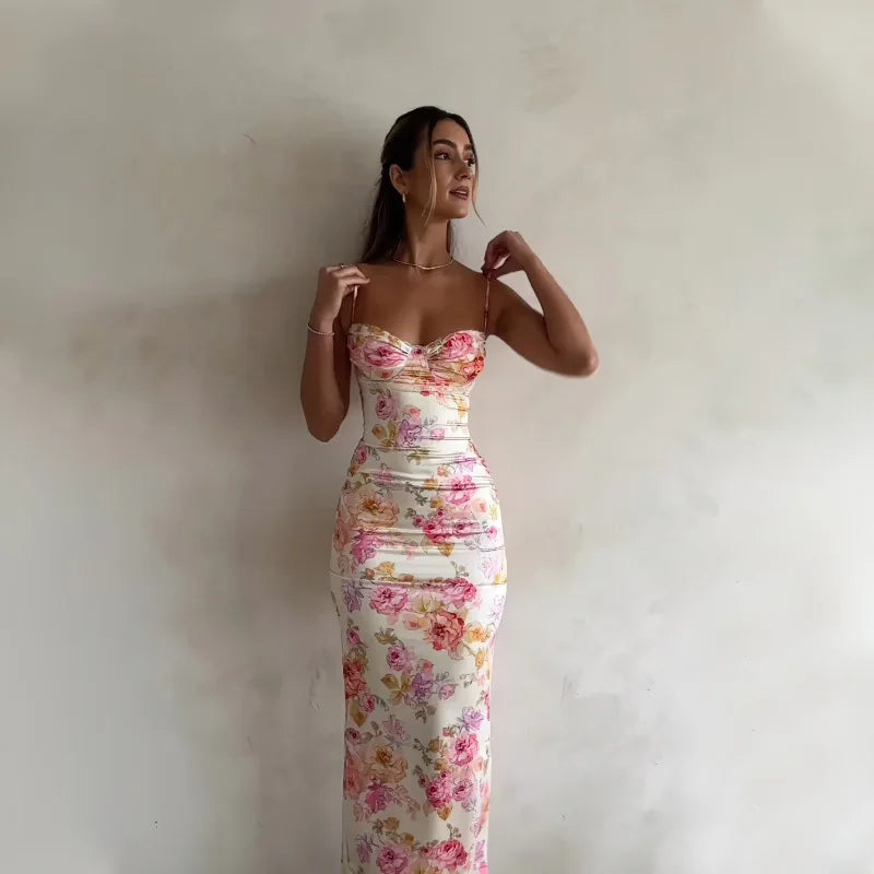 Summer Floral Suspender Split Slim Sleeveless Party Beach Style Spaghetti Strap Dress