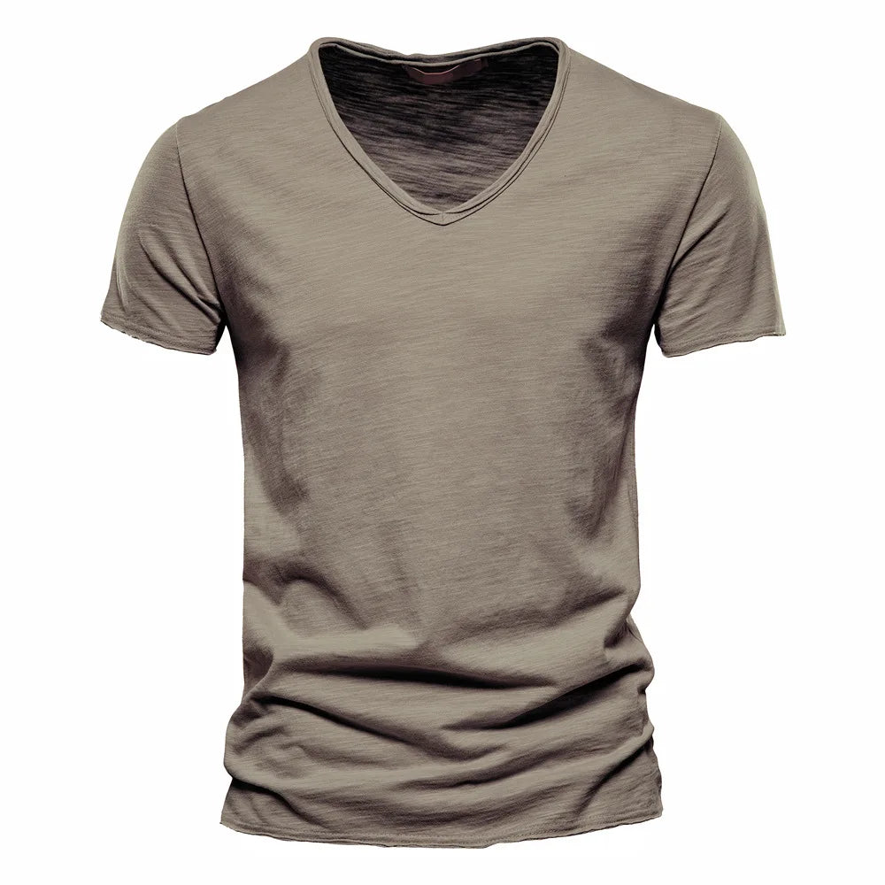 S-5XL 100% Cotton Men's T-Shirts Fashion Design V-neck Casual Slim Fit