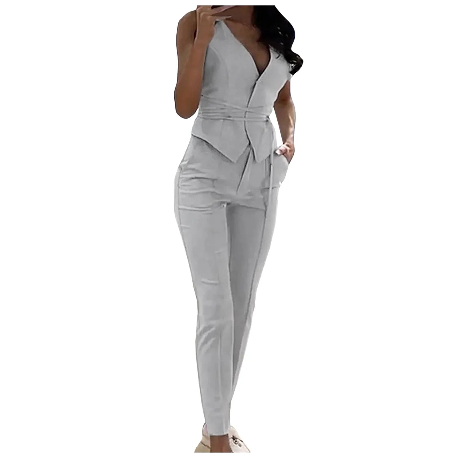 2-Piece Pantsuit Set - V-Neck Top and Trousers