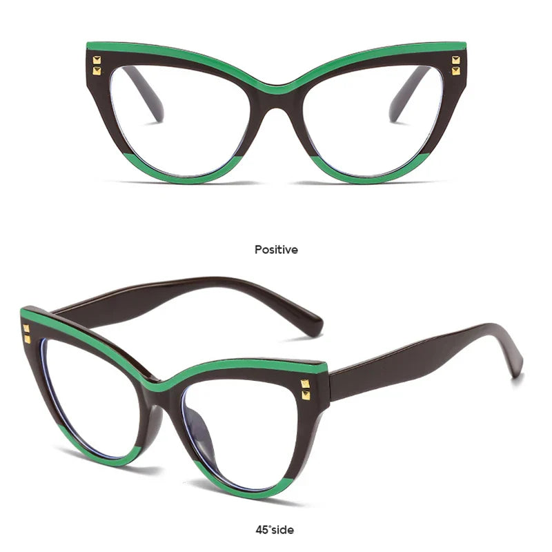 Anti Blue Light Optical Cat Eye Glasses Women Vintage Brand Designer Myopia Prescription Sexy Ladies Rivet Eye Glasses Frame