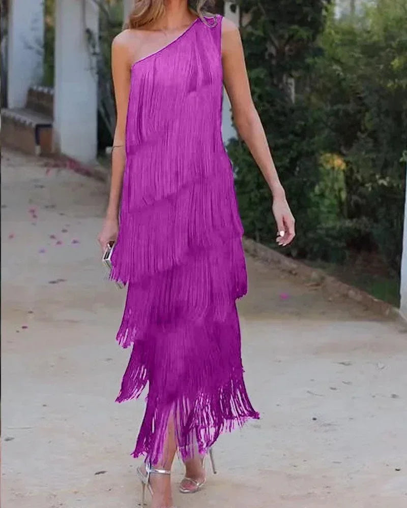 Spring and Summer New Fashion Fringed Slanted Shoulder Asymmetrical Dress for Women