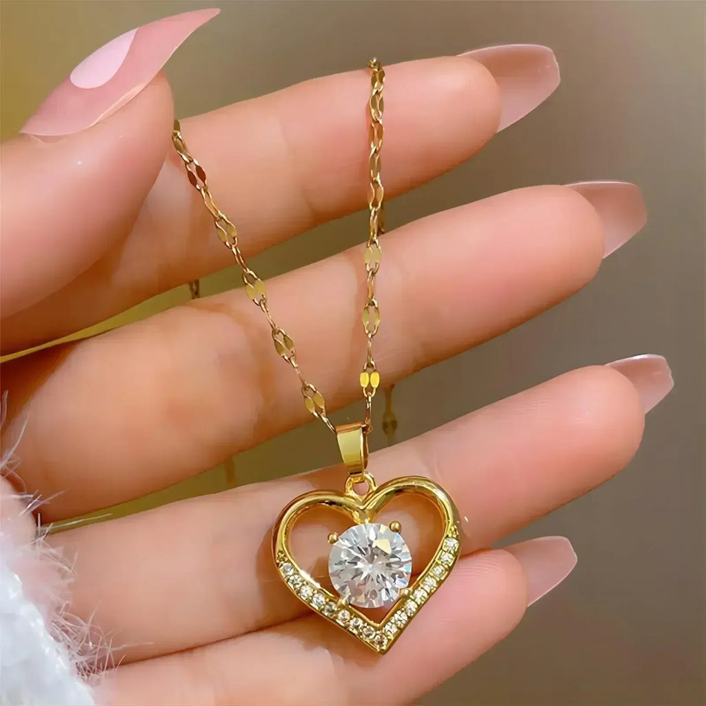 Trendy Heart Stainless Steel Zirconia Necklaces For Women Girls Love Gold Color Metal Necklace Party Birthday Daily Jewelry