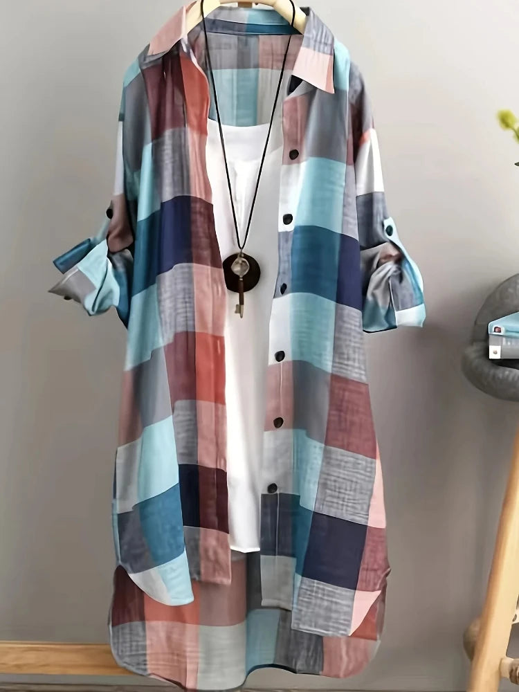 Plus Size Women's Blouses 2025 New Loose Vintage Stripe Plaid Shirt