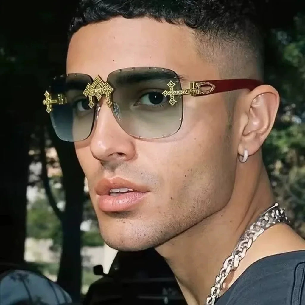 Vintage Rimless Square Cutting Lens Women Men Luxury Brand Designer Sunglasses Popular Punk Diamond Cross Sun Glasses UV400