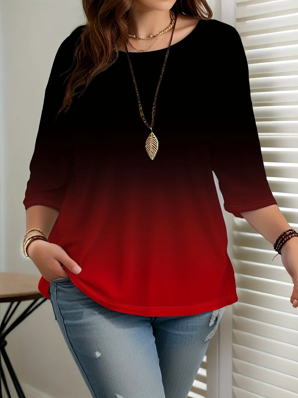 Plus Size Women's Gradient Color T-Shirt - Loose, Elegant, Casual,
