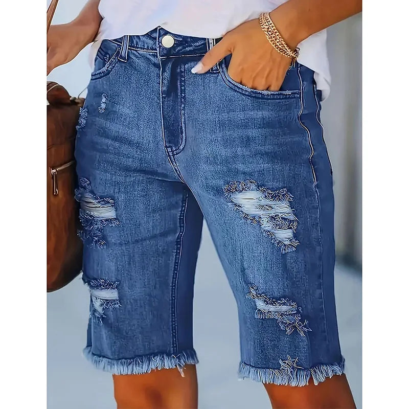 Ripped High-Waist Denim Shorts