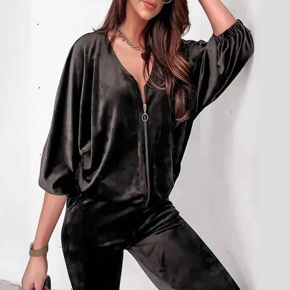 Golden Velvet Jogger Set - Long-sleeved Zipper Casual 2 Piece Loungewear