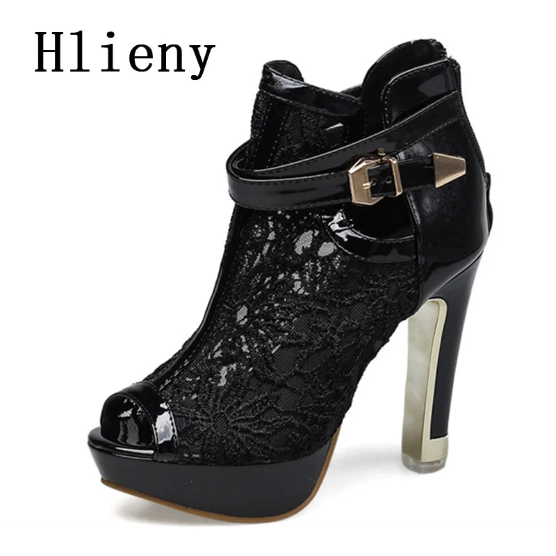 Hlieny Autumn Sexy Mesh Fabric Platform High Heels Boots Sandals Women
