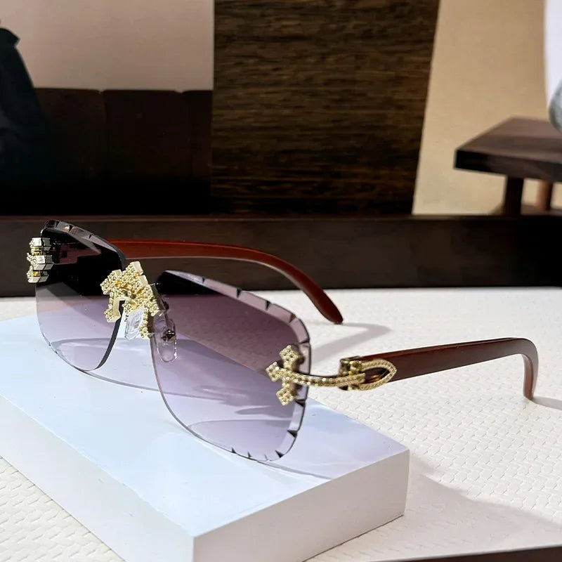 Vintage Rimless Square Cutting Lens Women Men Luxury Brand Designer Sunglasses Popular Punk Diamond Cross Sun Glasses UV400