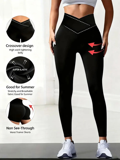 Solid Color Front Cross Waist Sports Pants Elastic Breathable Yoga