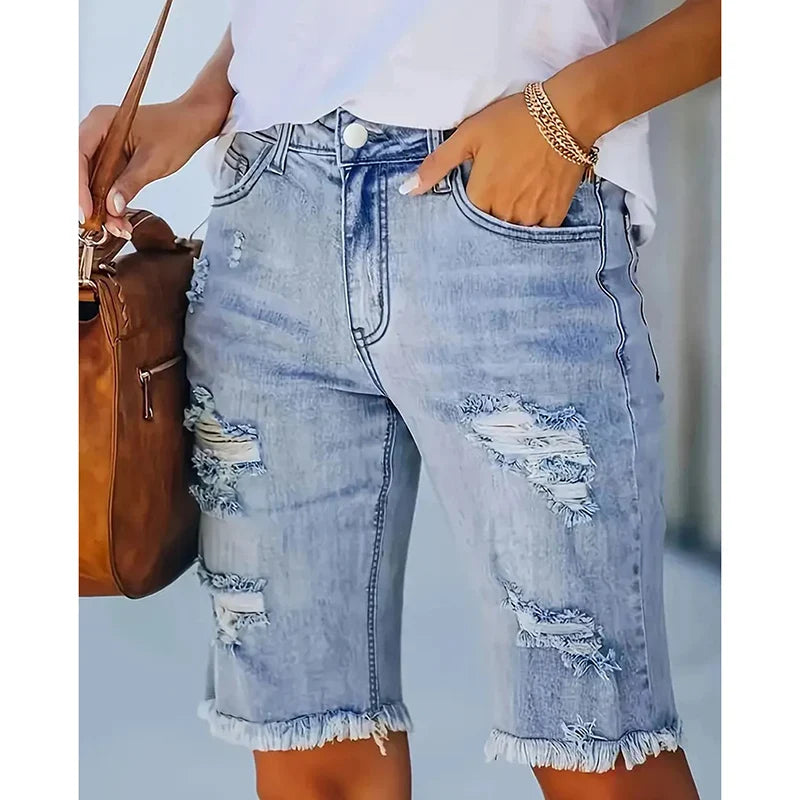 Ripped High-Waist Denim Shorts