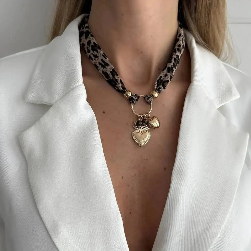 Leopard Print Choker Necklace - Heart Pendant