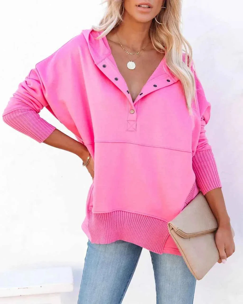 White Hooded Women's Sweatshirt - Casual Batwing Sleeve Pullover