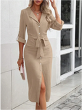 V-Neck Long Sleeve Button-Up Maxi Shirt Dress