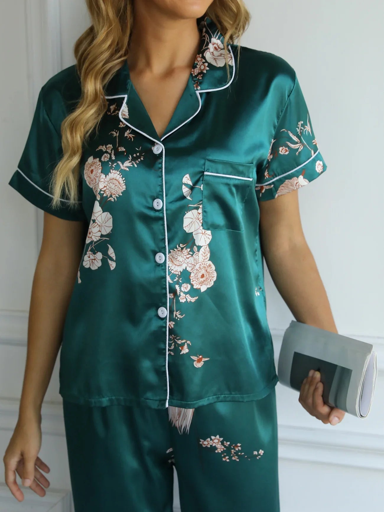 Green Floral Satin Pajamas - Smooth & Comfortable Short Sleeve Women's Loungewear