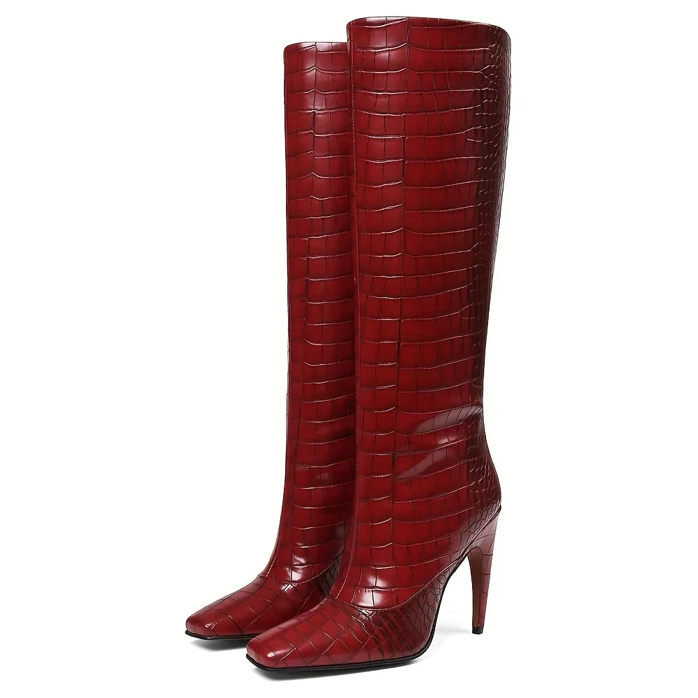 Women's Stiletto High Heeled Suede PU Knee High Boots Square Toe Pull On Thin Heel Wide Calf Boots