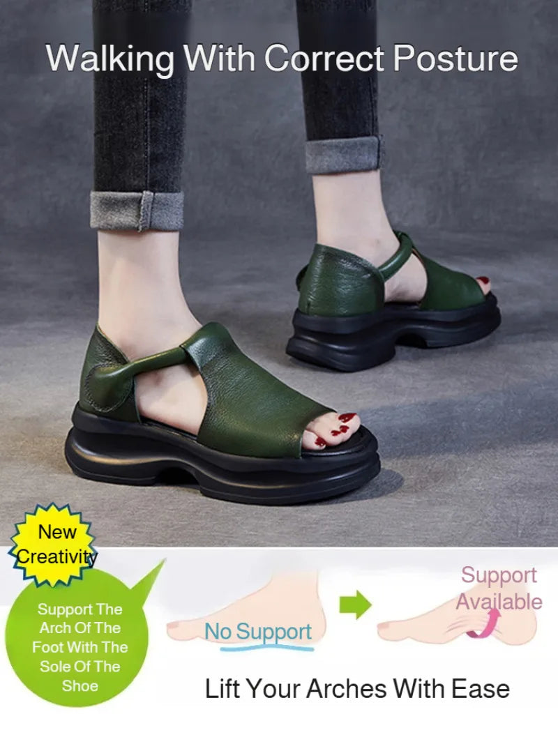 Genuine Leather Roman Sle Thi Heel Soft Bot Retro Fi Mouth Platform