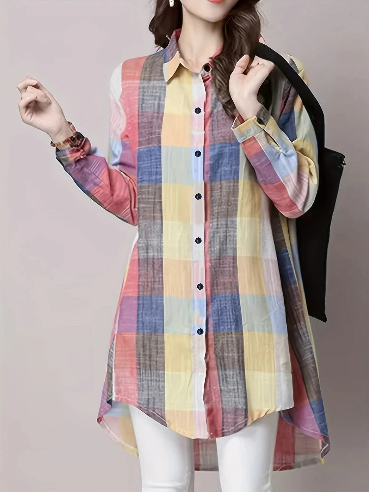 Plus Size Women's Blouses 2025 New Loose Vintage Stripe Plaid Shirt