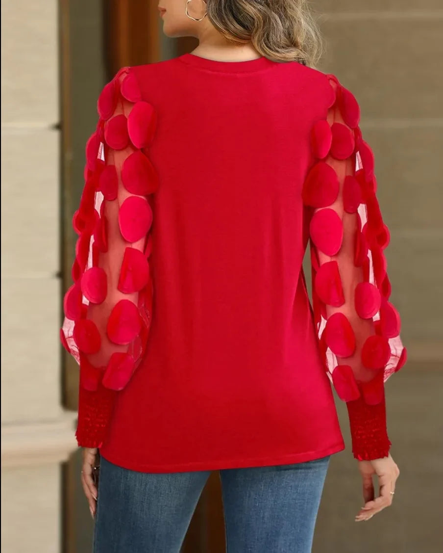 Women Fashion Mesh long Sleeve Round Neck Loose Blouse