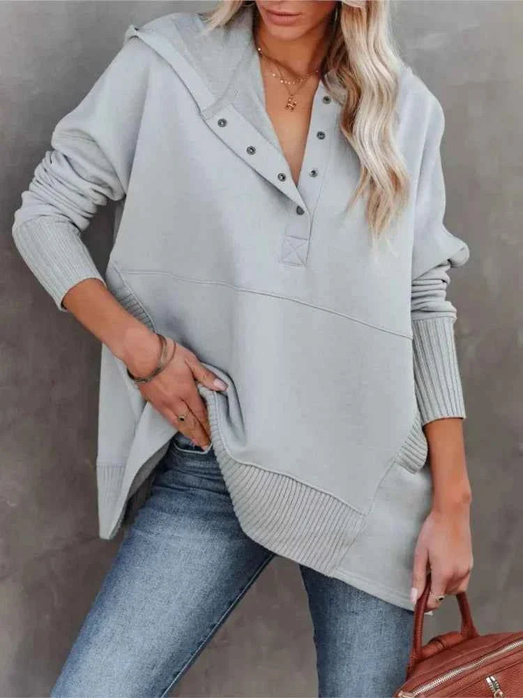 White Hooded Women's Sweatshirt - Casual Batwing Sleeve Pullover