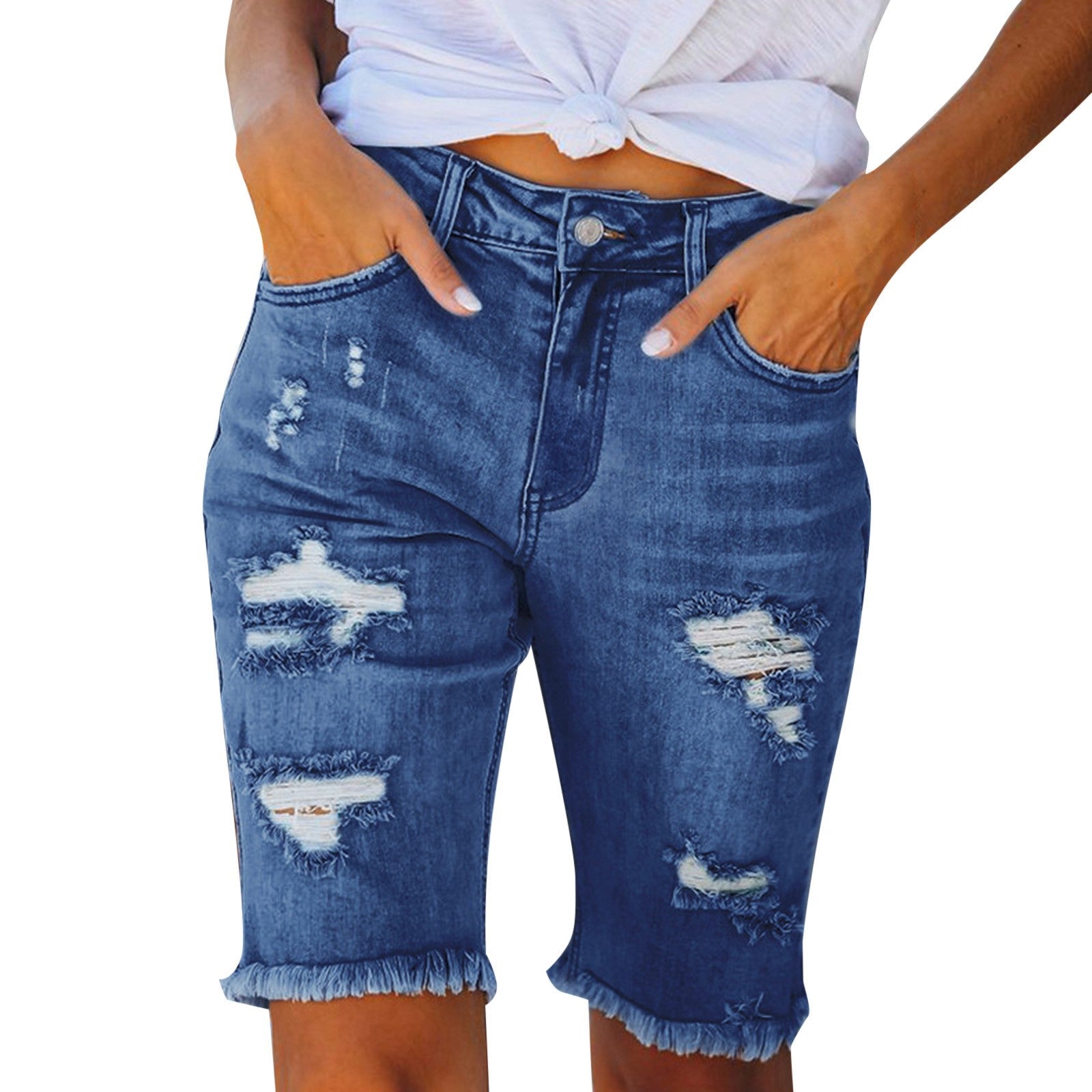 Rhinestone Denim Shorts - Plus Size Frayed Hem