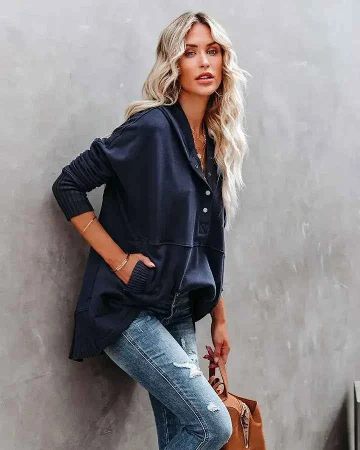 White Hooded Women's Sweatshirt - Casual Batwing Sleeve Pullover