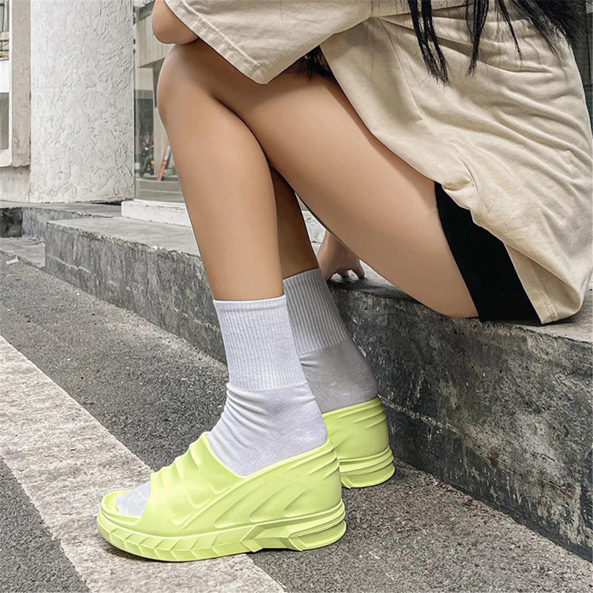 Women Fashion Summer 8 cm Chunky Sole Wedges Heels Flip Flops Casual