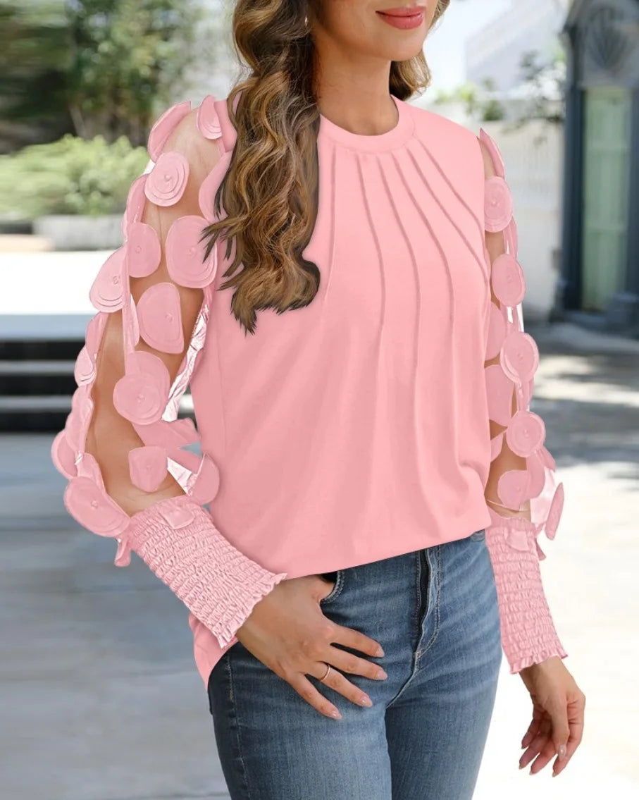 Women Fashion Mesh long Sleeve Round Neck Loose Blouse