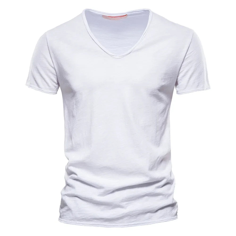 S-5XL 100% Cotton Men's T-Shirts Fashion Design V-neck Casual Slim Fit