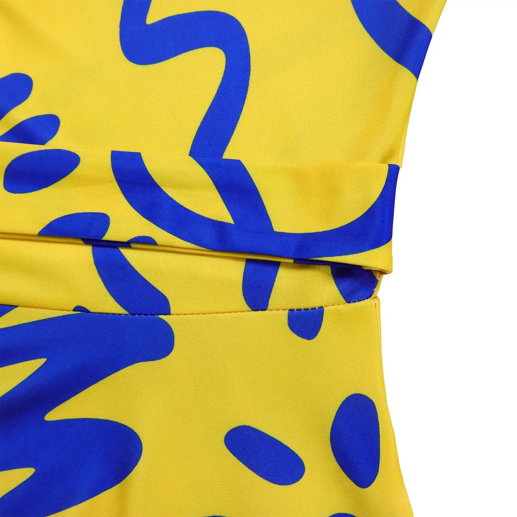 Printed Belted Dress Elegant  Knee-Length Round Neck Short Sleeve Dress